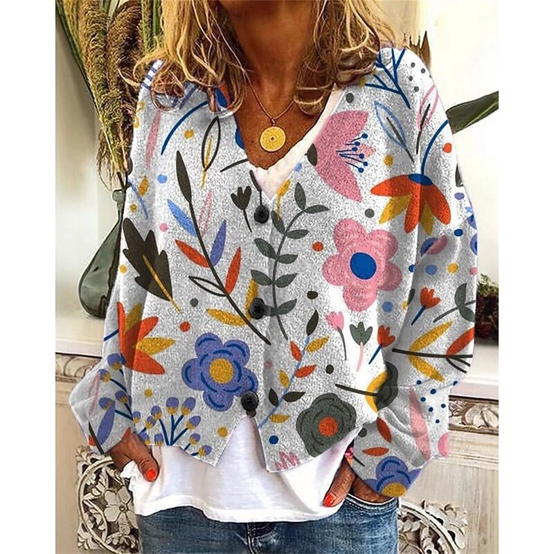 Women's Sweater Cardigan Fashion Streetwear Daily Floral Ribbed V Neck Knitted Print Long Sleeve Regular Tops Knit Holiday Going out Weekend Blue Dark Blue Fall Winter2