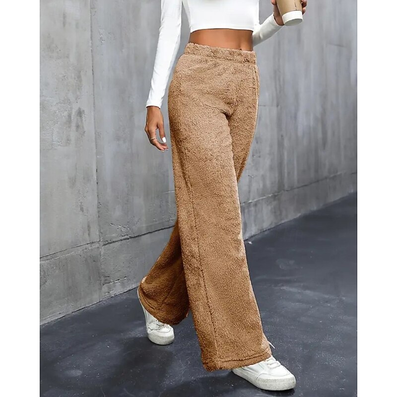 Women's Fleece Pants Wide Leg Slacks Streetwear Casual Full Length Natural Plain Elastic Waist Comfortable Holiday Going out Weekend Grey Black White Khaki Fall Regular Fit3