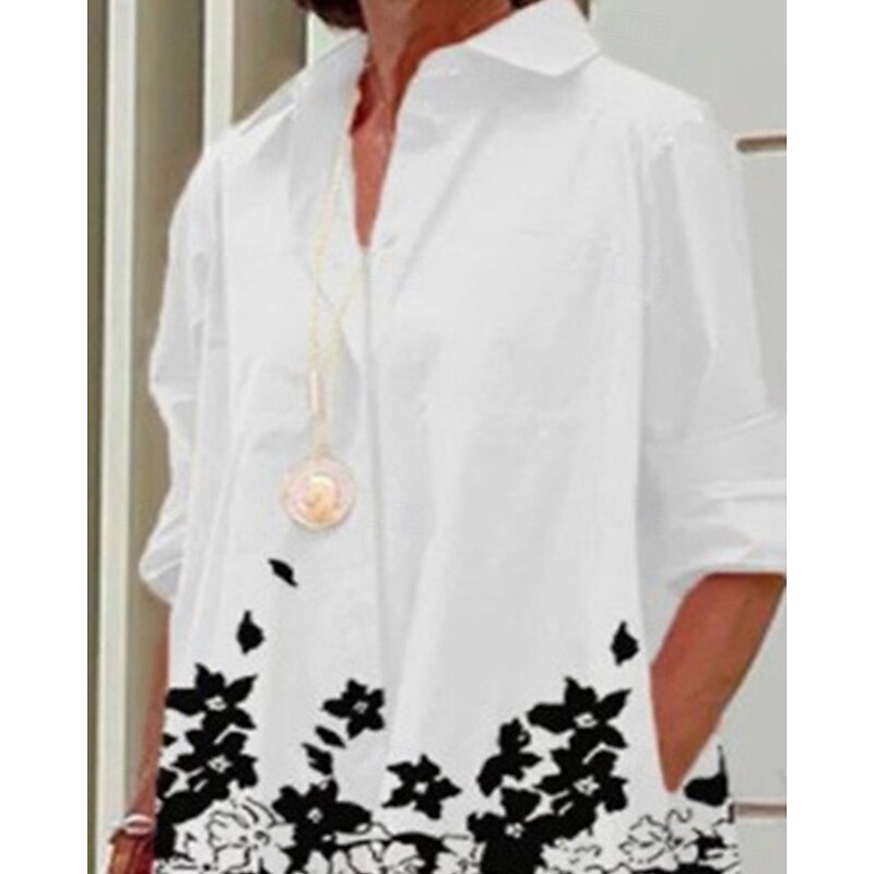 Women's Midi Dress Shirt Dress Casual Dress Fashion Modern Daily Beach Weekend Regular Fit Flower Long Sleeve Shirt Collar Black And White White Spring Fall2