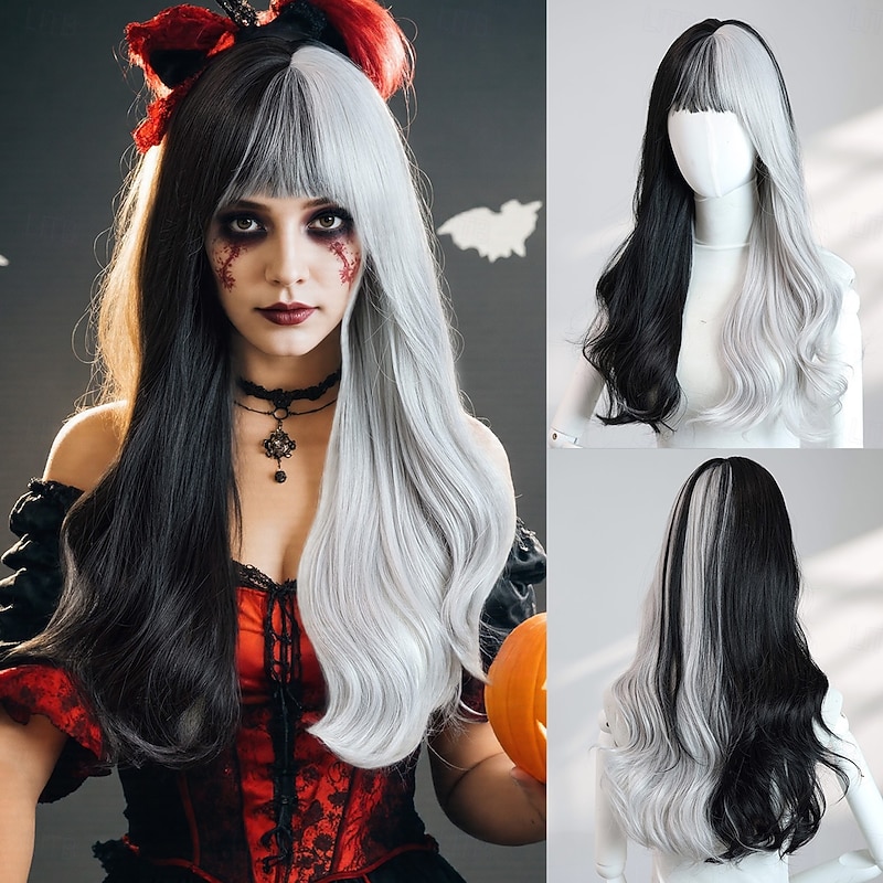 24-Inch Black and Gray Wavy Wig for Women – Fashionable Two-Tone Hair with Bangs, Perfect for Halloween Costumes and Everyday Fashion