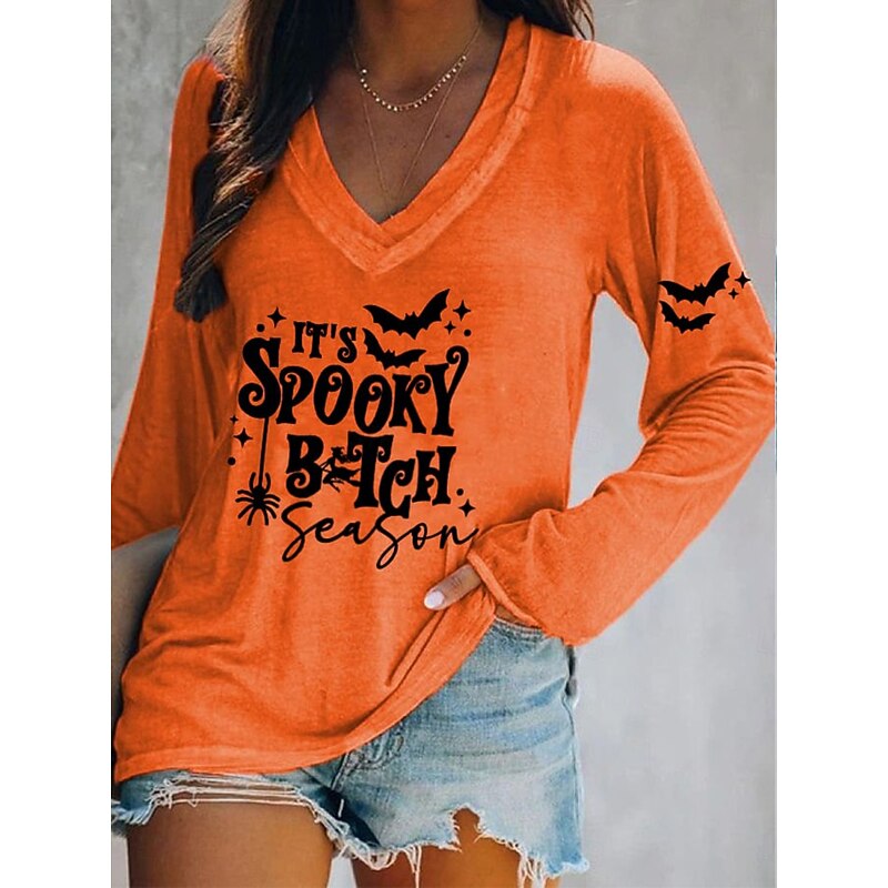 Halloween Women's T shirt Long Sleeve V Neck Long Sleeve Graphic Casual Vintage Regular Tops Daily Print Black Pink Orange Green Gray Spring Fall Prefall