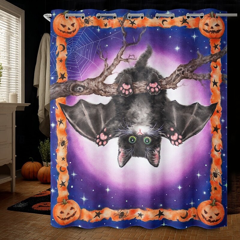 Halloween Bat and Scary Spider by Kayomi Harai Halloween Shower Curtain with Hooks Polyester Washable Waterproof Pattern Bathroom Bathtub Decor