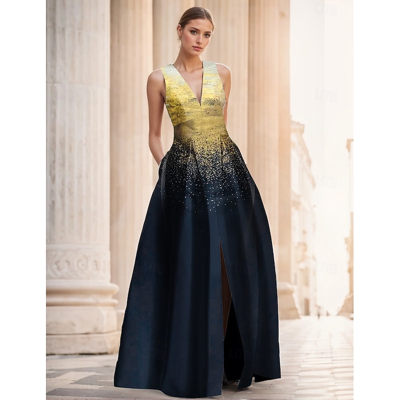 Glod and Black Jacquard Gown A-Line Evening Gown Elegant Dress Formal Wedding Floor Length Sleeveless V Neck Nylon with Slit Pocket2