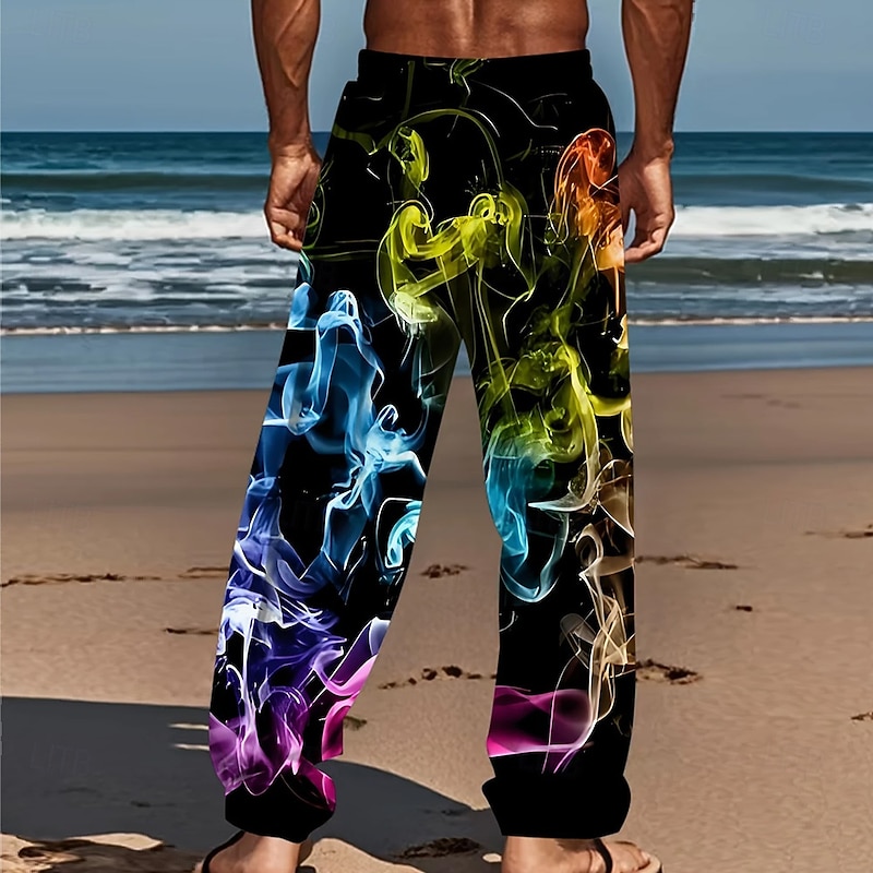 Men's Colorful Smoke Trousers Baggy Pants Casual Pants Mid Waist Fashion Casual Holiday Streetwear Elastic Drawstring Waist Linen-Like Pants with Pockets Summer Spring 3D Print Red Blue Purple2