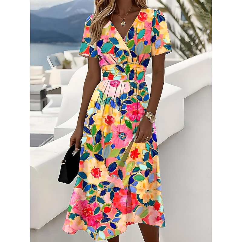 Women's Elegant Midi Dress A Line Dress Wrap Dress V Neck Short Sleeve Regular Fit Floral Graphic Red Sky Blue Ink Blue Green4