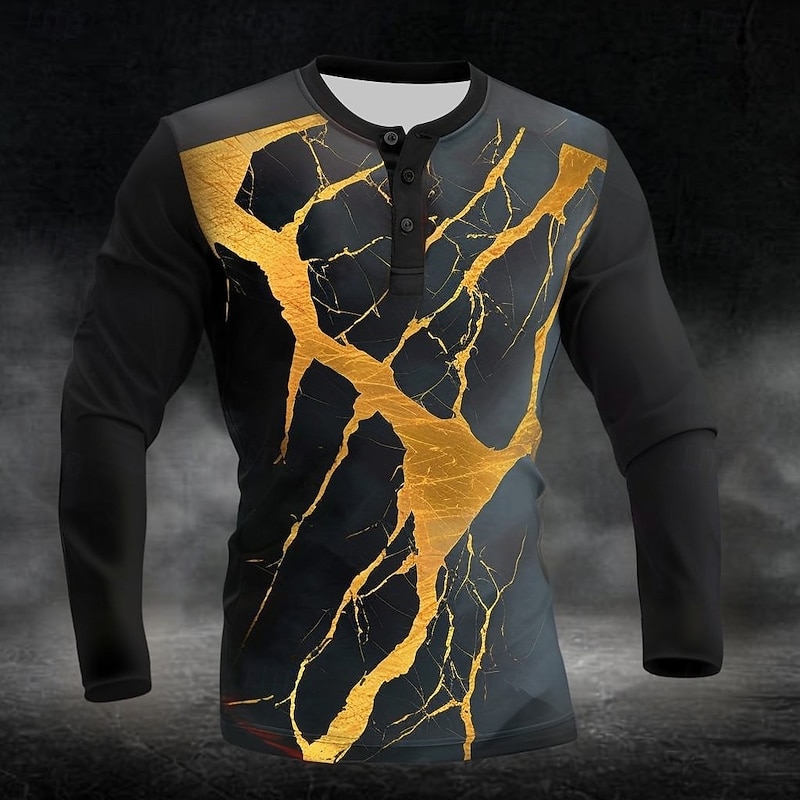 Men's Graphic Abstract Marble pattern Henley Shirt Long Sleeve Fashion Cute Daily Casual Holiday Going out Fall Spring &  Fall Black White Henley Henley T-Shirt