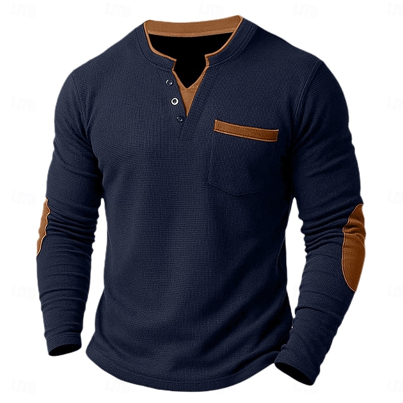 Men's Waffle Tee Waffle Henley Shirt Long Sleeve Solid Color Solid Fashion Basic Casual Fake two piece V Neck Henley Street Casual Sports Spring &  Fall All Seasons Black Navy Blue Green Henley