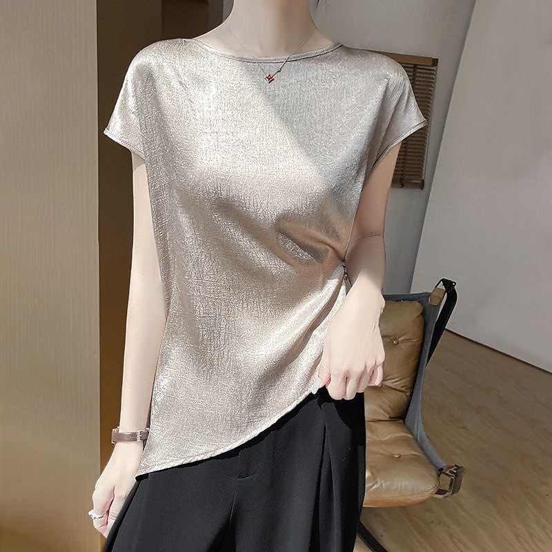 Women's T Shirt Tee Top Plain Fashion Modern Short Sleeve Crew Neck Regular Tops Daily Going out Weekend Asymmetrical Black Gold Khaki Beige Gray Summer2