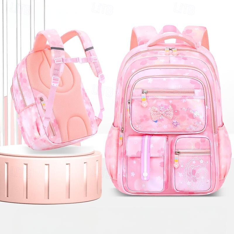 Girls Pink School Backpack – Cute Waterproof Bookbag with Bow and Glitter Design, Lightweight Back to School Bag for Elementary Kids