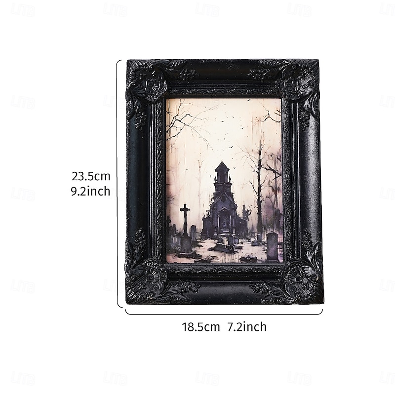 Halloween Resin Tombstone Photo Frame, Black Gothic Desktop Picture Frame Ornament for Halloween Bedroom, Office, and Study Table Decoration2