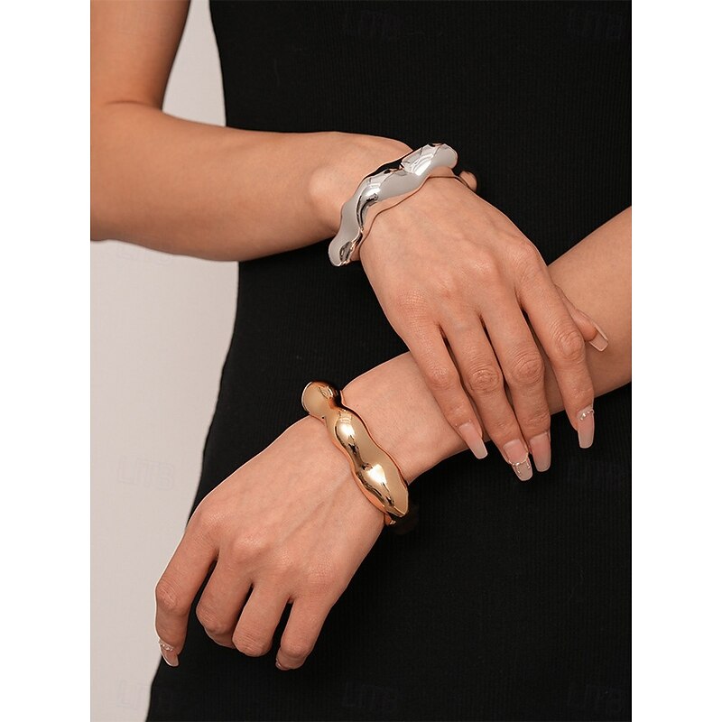 Women's Party Bracelet Set - Stylish Gold and Silver Plated Cuff and Chain Bangles, Fashion Statement Jewelry for Women, Perfect for Cocktail and Evening Parties4