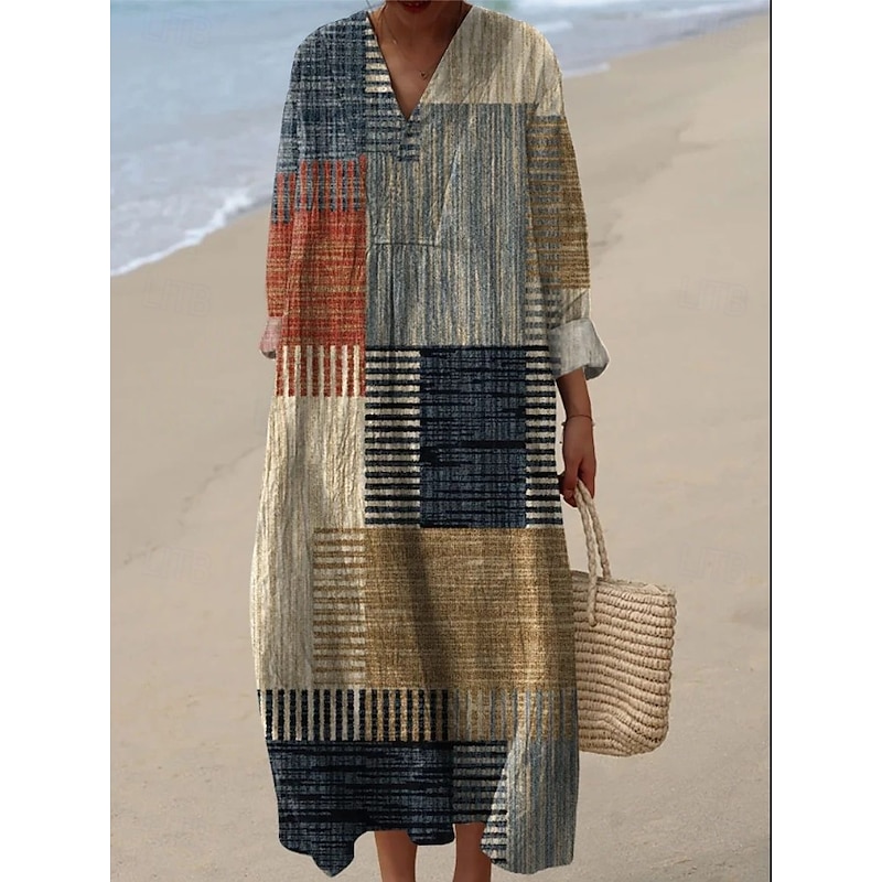 Women's Midi Dress V Neck Long Sleeve Kaftan Lightweight Loose Fit A Line Dress Casual Boho Going out Loose Fit Graphic Geometric Long Sleeve V Neck Yellow Light Brown Blue Orange Fall3