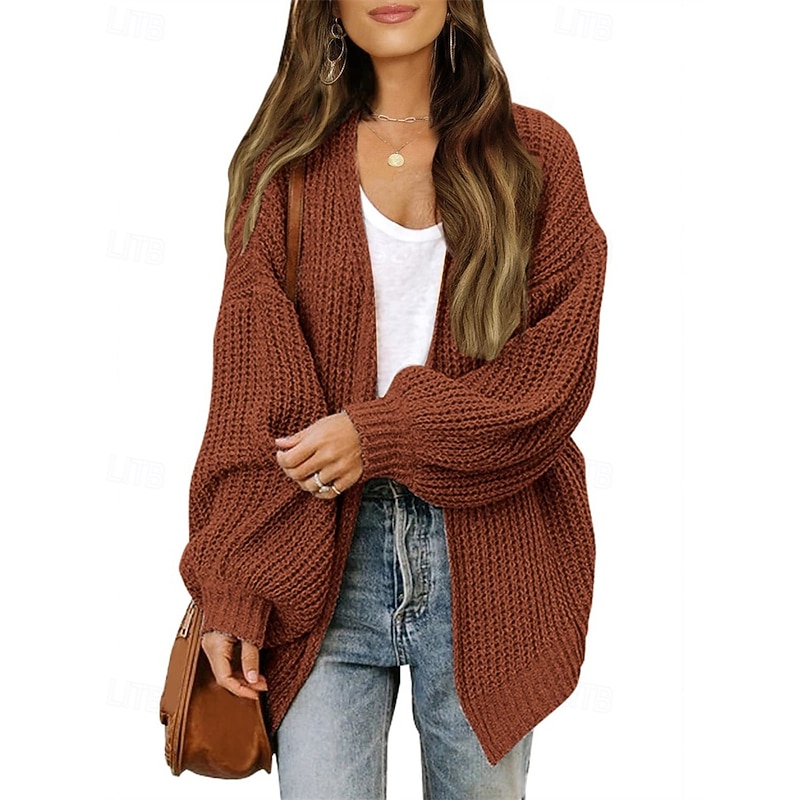 Women's Sweater Cardigan Fashion Streetwear Daily Solid Color Ribbed Open Front Knitted Long Sleeve Regular Tops Knit Holiday Going out Weekend Black Khaki Fall Winter2