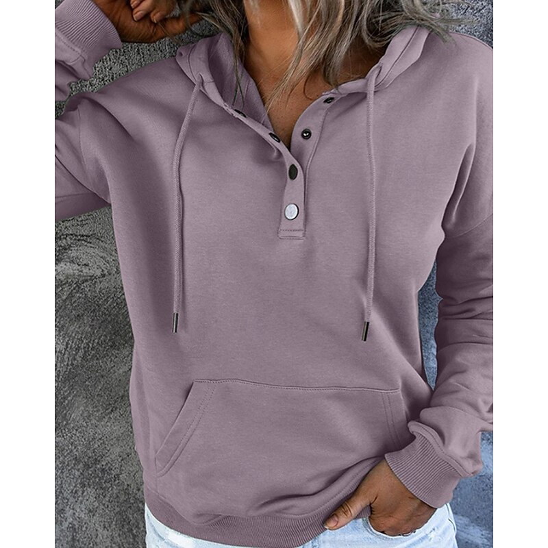 Women's Pullover Hoodie Sweatshirt Plain Casual Long Sleeve Hooded Regular Tops Holiday Going out Pocket Buttons Black Purple Gray Fall Winter3