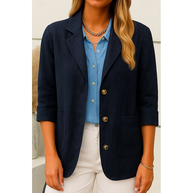 Women's Blazer Comfortable Breathable Pocket Buttons Casual Plain Office Street Casual Daily Wear Single Breasted Regular Turndown Loose Fit Long Sleeve Outerwear Navy Beige Summer Fall2