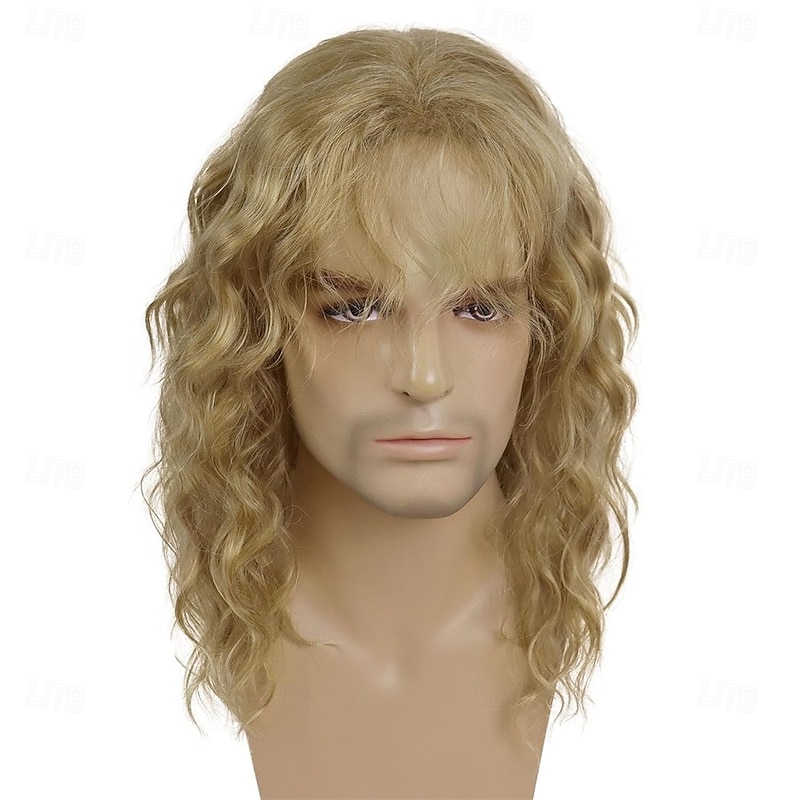 20 Inch 80s Rock Wigs for Men and Women Wig Long Blonde Wig with Bangs 1980s Costume Halloween Blonde Curly Wavy Wigs Mullet Rocker Disco Punk Style3