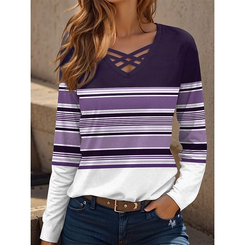 Women's T shirt Long Sleeve Graphic Geometric Vintage Stylish Classic Long Sleeve V Neck Regular Tops Daily Cut Out Print Blue Purple Green Spring Fall Prefall3