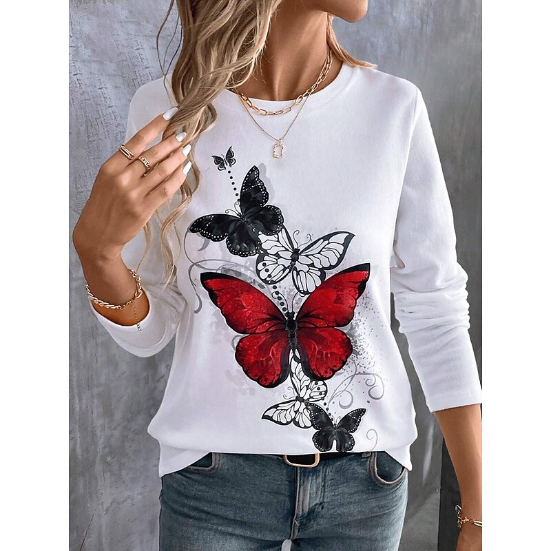 Women's T shirt Crew Neck Long Sleeve Tunic Graphic Butterfly Vintage Casual  Regular Tops Daily Print Red Blue Rainbow Spring Fall4