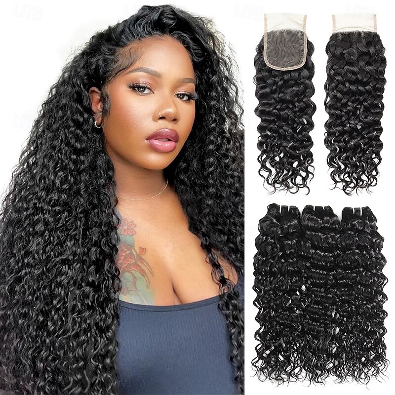 Water Wave Human Hair Weave Extension 3 Bundles With Closure 4x4 Lace Closure hair 10-28 inch Black Women