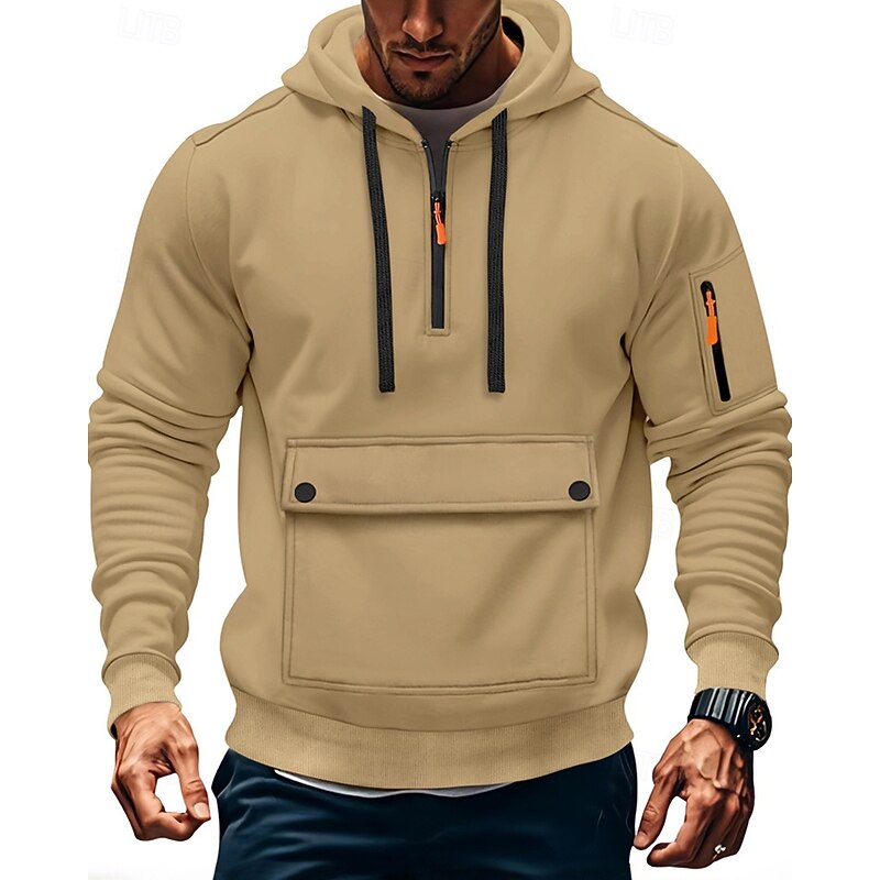 Men's Hoodie Quarter Zip Hoodie Black Navy Blue Khaki Light Grey Dark Gray Hooded Plain Pocket Quarter Zip Sports & Outdoor Daily Holiday Polyester Streetwear Basic Casual Spring Fall Clothing Apparel4