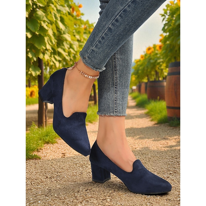 Women's Blue Block Heel Shoes– Elegant Faux Suede Pumps for Semi-Formal Gatherings, Cottage Garden Parties and Church Sundays3