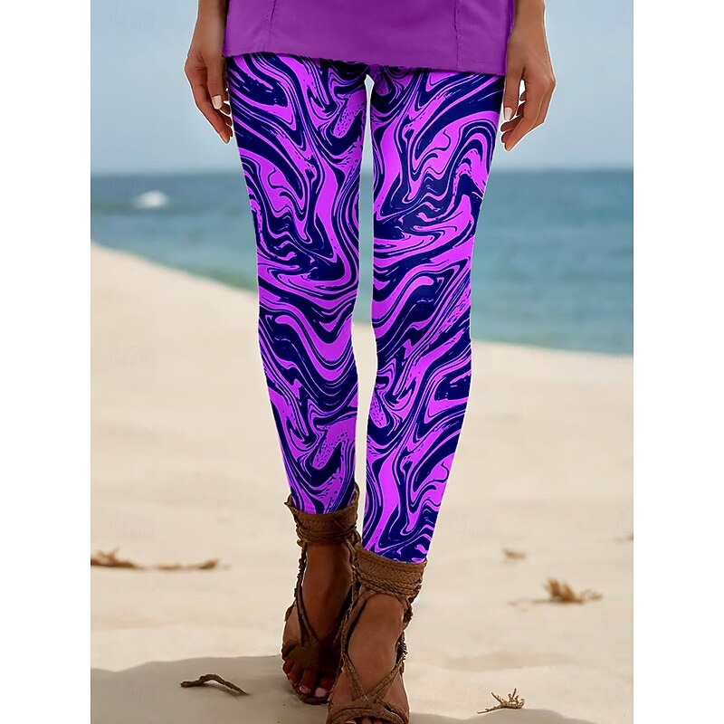 Women's Leggings Vacation Vintage Ethnic Style Ankle-Length High Waist Graphic Lines / Waves Abstract 3D Print Breathability Soft Comfortable Stretchy Outdoor Home Causal claret Yellow-Brown Violet