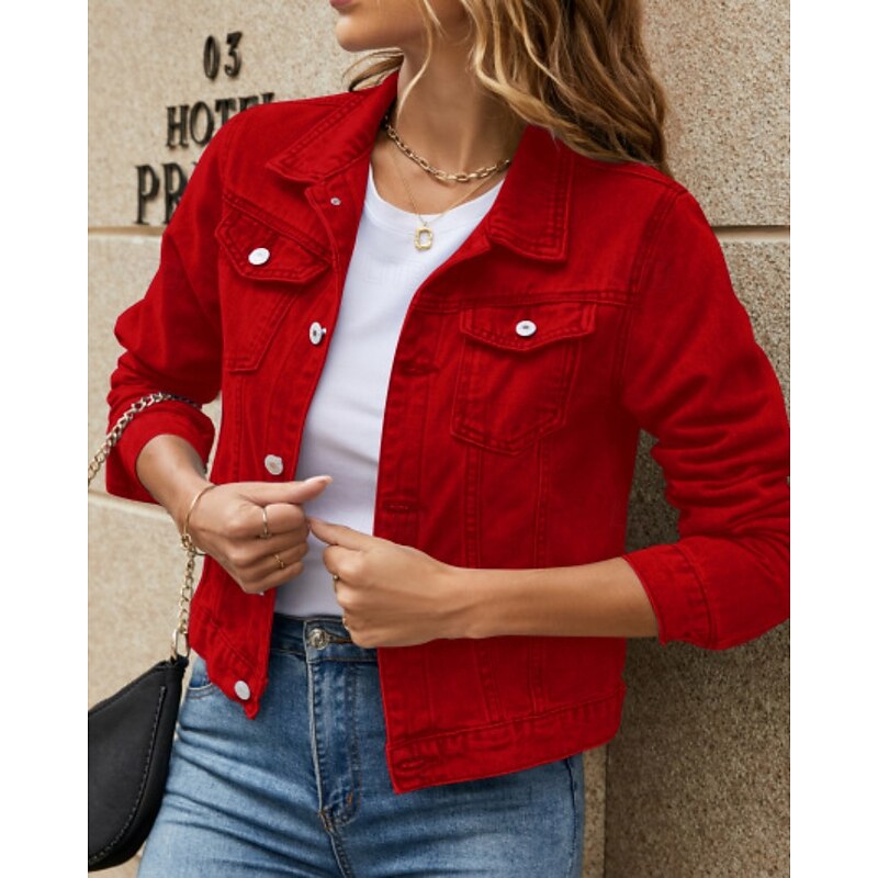 Women's Denim Jacket Comfortable Pocket Buttons Casual Plain Holiday Weekend Single Breasted Regular Turndown Regular Fit Long Sleeve Outerwear Black White Yellow Fall4