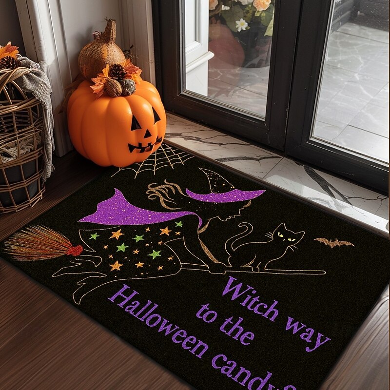 Halloween Indoor Outdoor Doormat Kitchen Mat Purple Witch Hat with Quote, Non-Slip Front Door Mat for Porch, Entryway, Patio, Bedroom, Bathroom and 2025 Halloween Home Decoration3