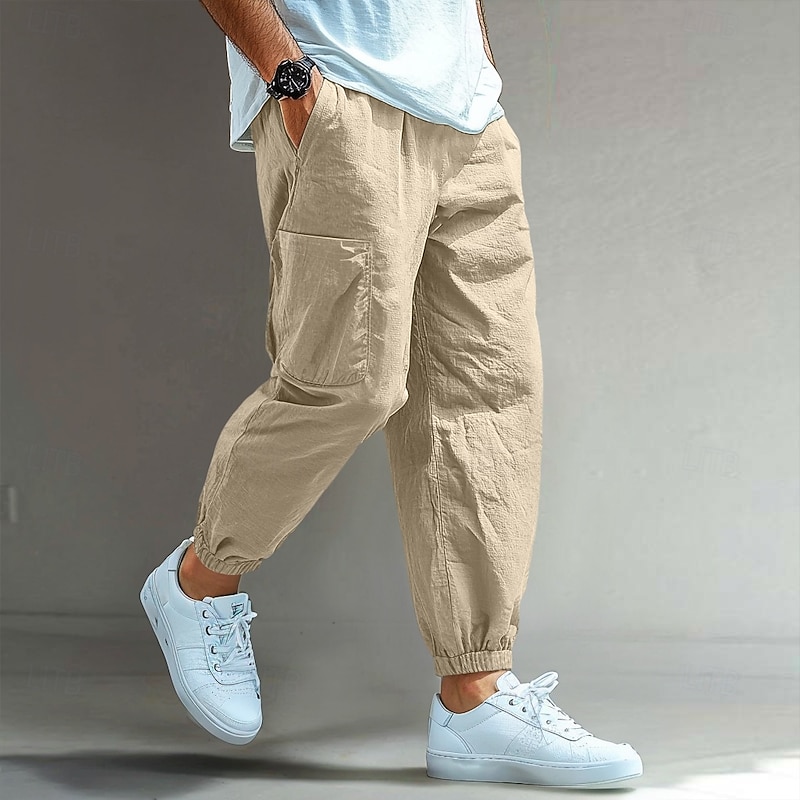 Men's Cargo Pants Linen Pants Trousers Shorts Summer Pants Elastic Cuff Plain Comfort Breathable Full Length Casual Daily Holiday Vacation Fashion Black White Inelastic4