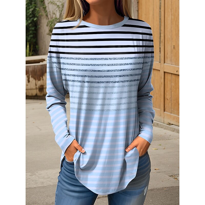 Women's T Shirt Graphic Geometric Striped Vintage Fashion Stylish Long Sleeve Crew Neck Round Neck Regular Tops Weekend Print Pink Blue Purple Green Spring Fall2