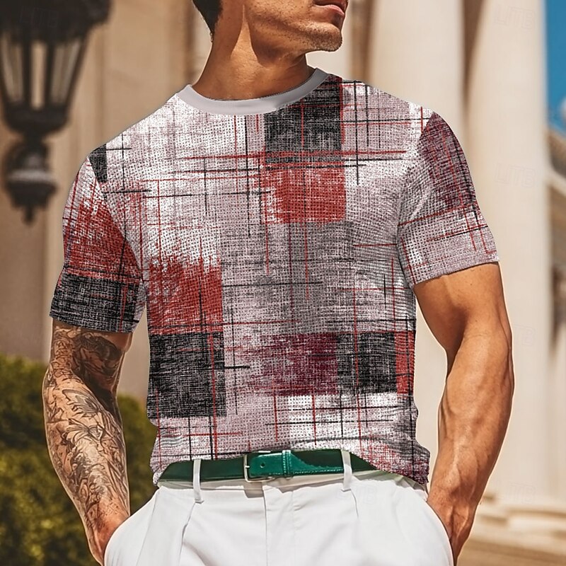 Men's Plaid Line Waffle Shirt Short Sleeve T shirt 3D Print Crew Neck Shirt Fashion Casual Comfortable Street Casual Daily Red Blue Brown Summer Spring All Seasons Clothing Apparel S M L XL XXL XXXL4