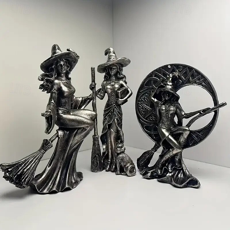 Fantasy Witch Statue Resin Moon Witch with Broomstick & Cauldron Collectible Figurine Mystical Halloween Ornaments for Living Room Tabletop Home Decoration