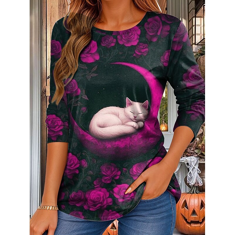 Halloween Women's T shirt Black Cat Long Sleeve Crew Neck Long Sleeve Tunic Floral Graphic Cat Vintage Stylish Classic Daily Weekend Print Red Blue Purple Green Spring Fall Winter Prefall4