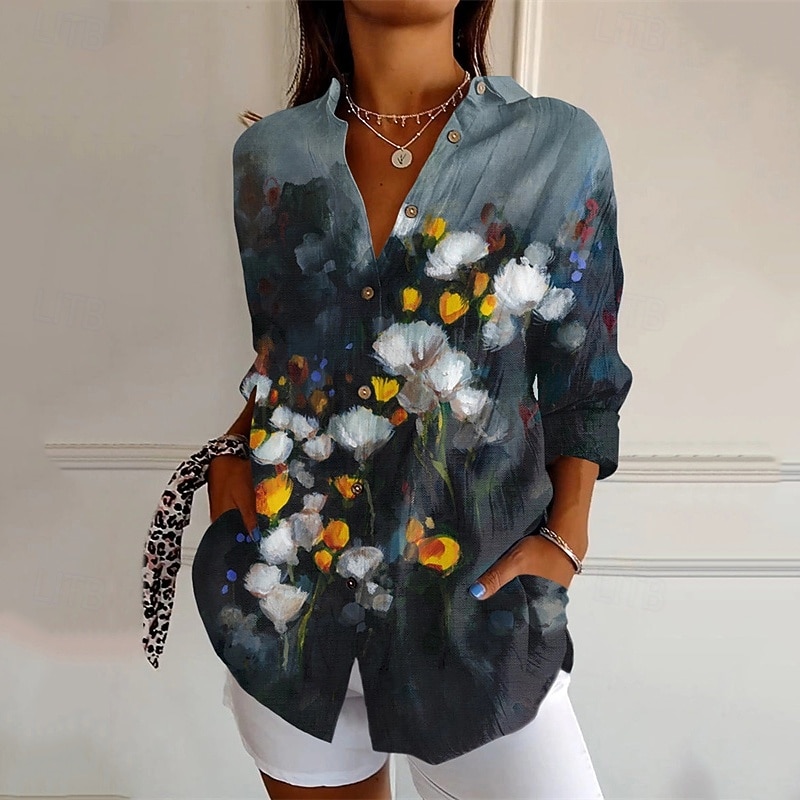 Women's Shirt Print Vintage Stylish Long Sleeve V Neck Regular Tops Daily Holiday Going out Buttons Print Black Blue Khaki Gray Summer3