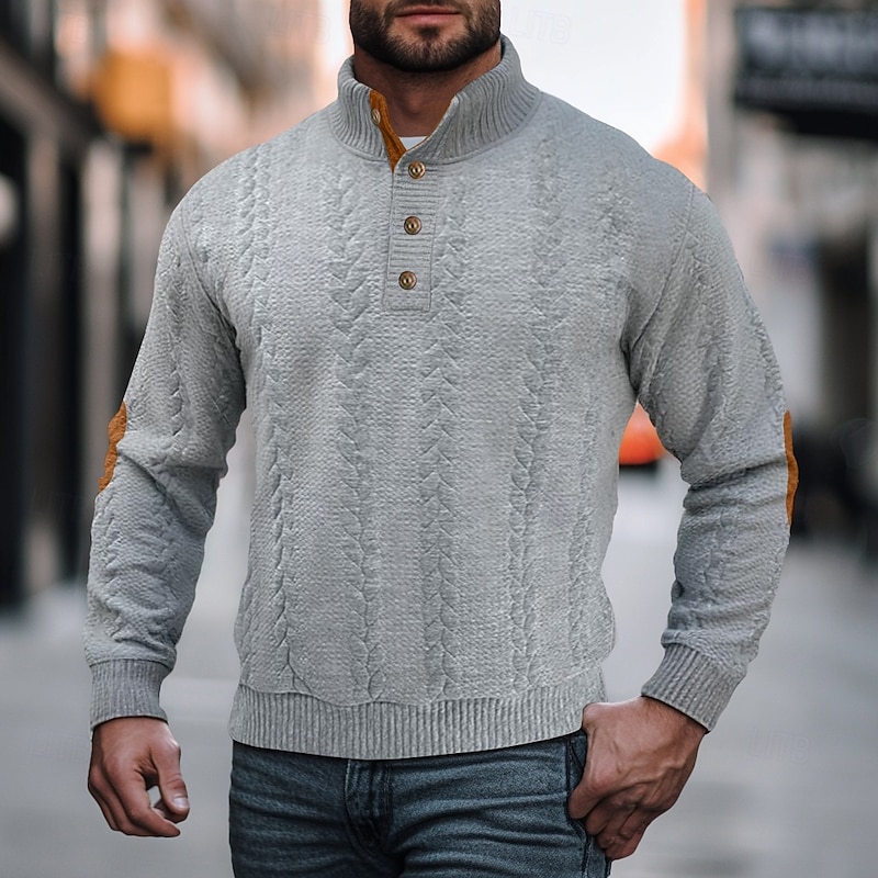 Men's Sweatshirt Button Up Hoodie Black Navy Blue Brown Khaki Light Grey Standing Collar Plain Patchwork Embroidery Sports & Outdoor Casual Daily Streetwear Cool Sportswear Fall & Winter Clothing