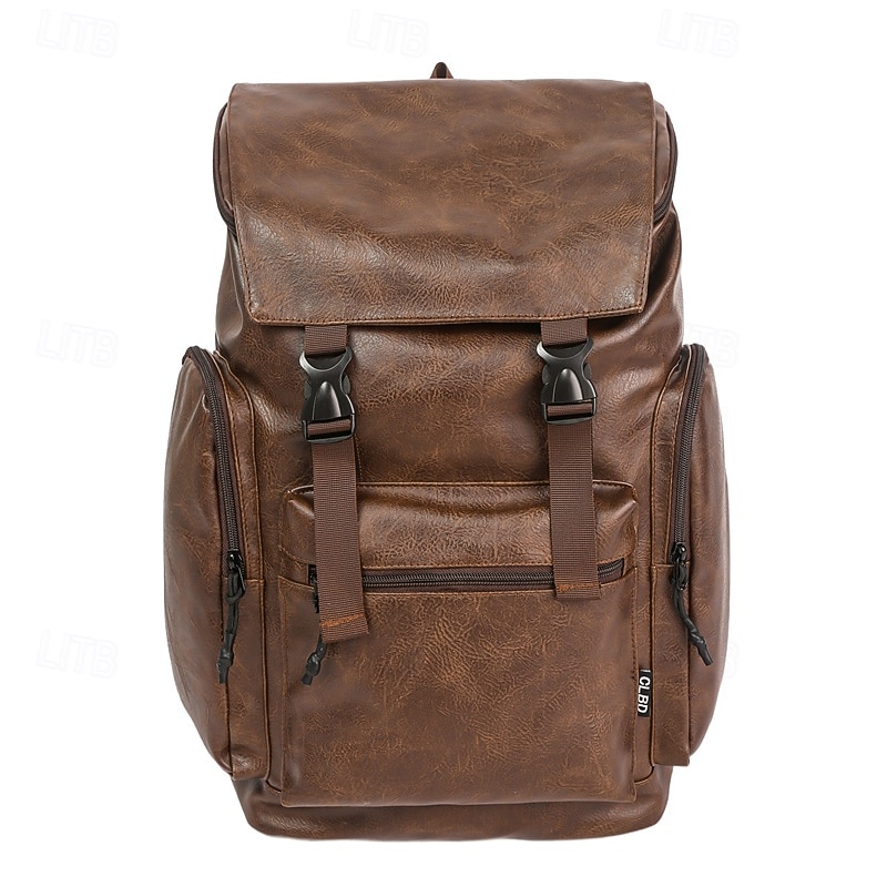 Men's Vintage Faux Leather Backpack – Large Brown Travel Laptop Bag with Side Pockets for Work, School & Daily Commute