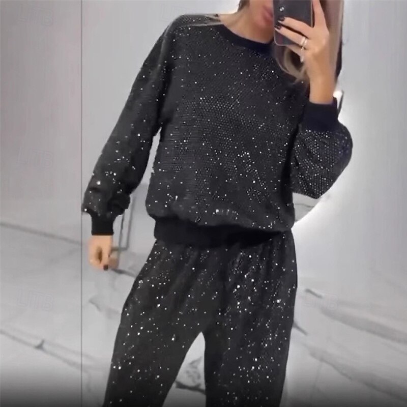 Women's Fashion Streetwear Pants Sets Long Sleeve Crew Neck Plain Sequins Daily Wear Date Black Summer Regular Fit4