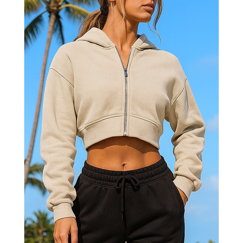 Women's Hoodie Jacket Full Zip Sweatshirt Pocket Long Sleeve Top Athleisure Fall Solid Colored Sun Protection Windproof Outdoor Running Sportswear Activewear White Apricot Gray3