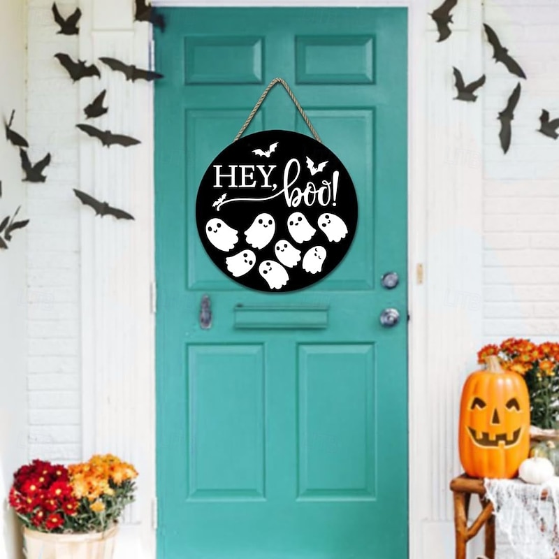 Halloween Wooden Welcome Door Sign Cust Ghost, Spooky Front Door Hanging Plaque for Wall, Outdoor Porch, Home Party Decoration Wreath2