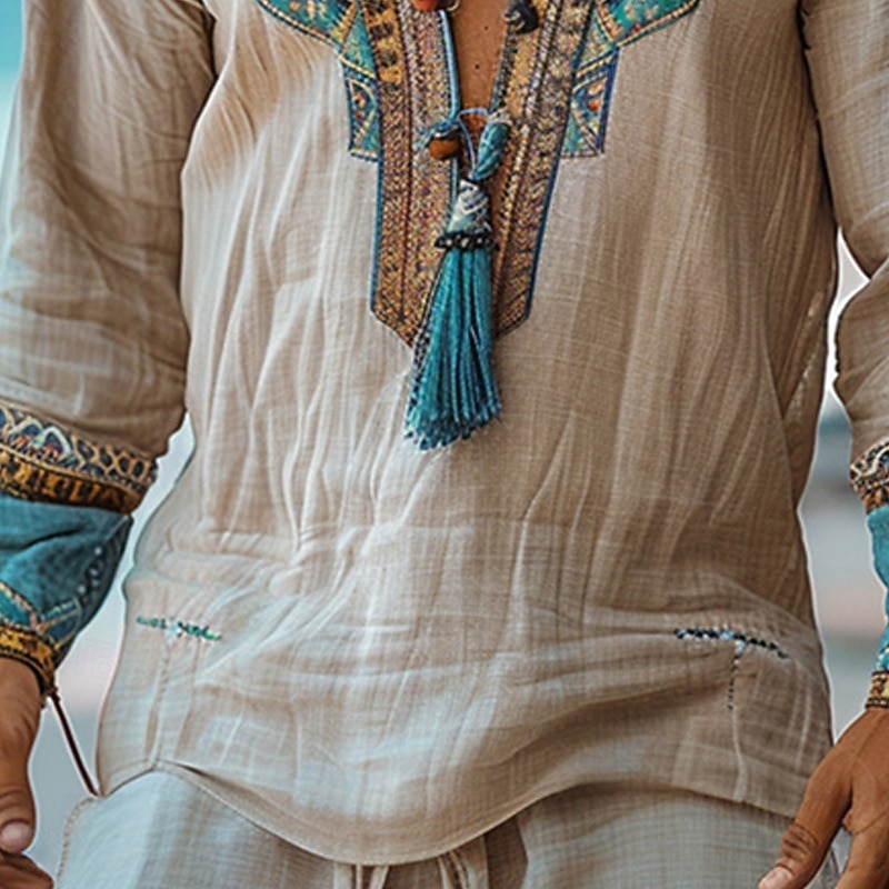 Men's Shirt Linen Shirt Casual Shirt Cotton Shirt Tribal Vacation Hawaiian Khaki Long Sleeve V Neck Spring Fall Clothing Apparel Tassel3