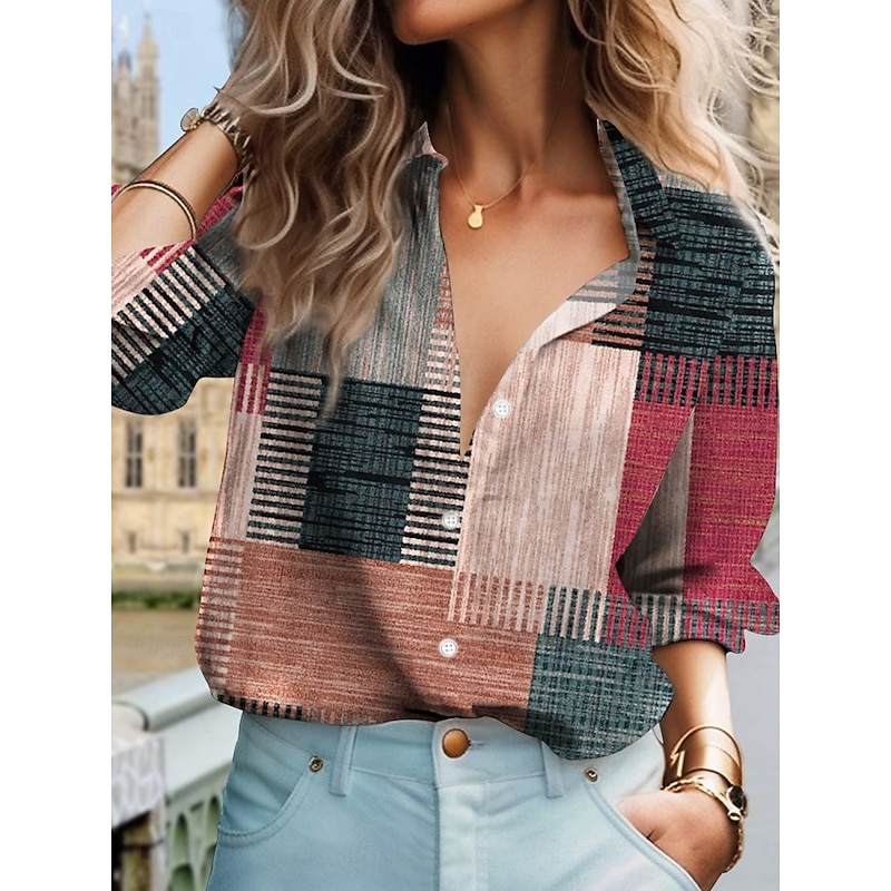 Women's Shirt Button Down Blouse Plaid Stylish Casual Long Sleeve Shirt Button Down Blouse Collar Regular Tops Daily Buttons Print Red Blue Green Khaki Summer Spring