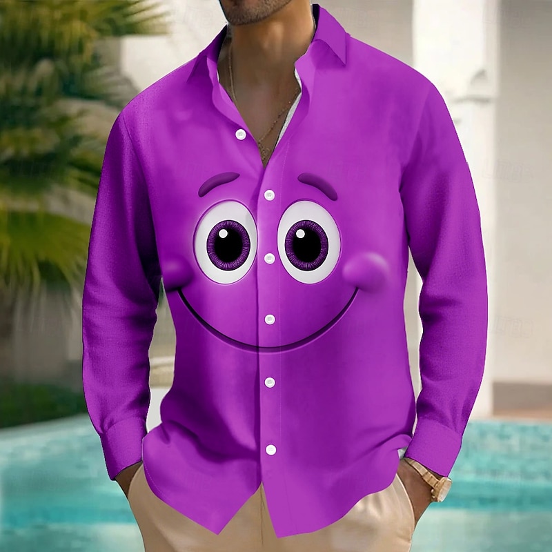 Men's Cartoon Funny Smile Face Shirt Button Up Shirt Long Sleeve Fashion Casual Outdoor Daily Streetwear Spring Fall Turndown 3D Print Front One Pocket Linen Like Shirt Purple Orange Green Dark Blue3