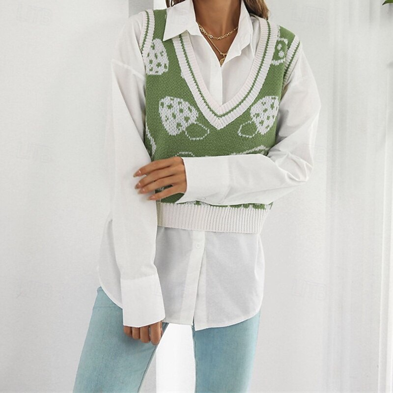 Women's Sweater Vest Pullover Casual Graphic Chunky V Neck Knitted Sleeveless Regular Tops Knit Daily Holiday Going out Purple Green Fall Winter2