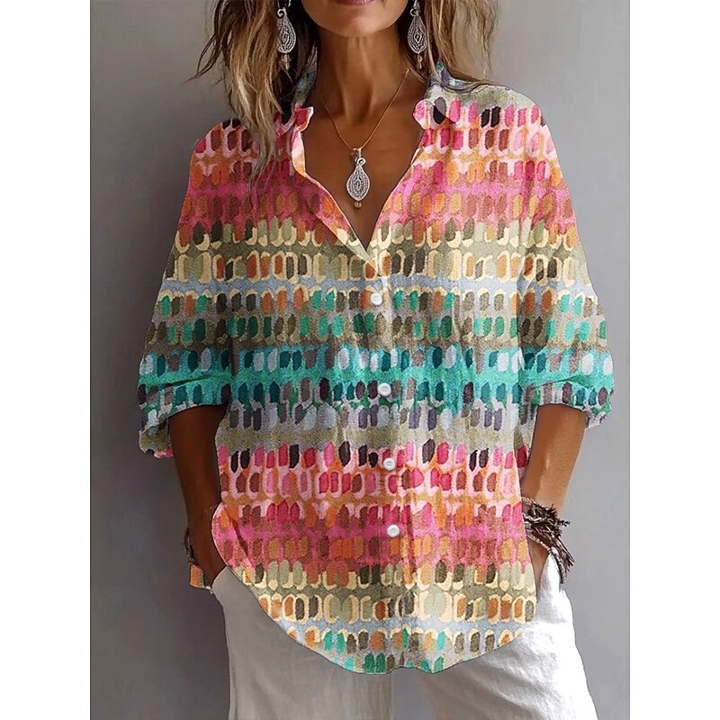 Women's Shirt Button Down Tunic Shirt Collar Long Sleeve Graphic Geometric Polka Dot Vintage Daily Stylish V Neck Regular Tops Work Daily Holiday s Print Pink Blue Orange Spring Fall3