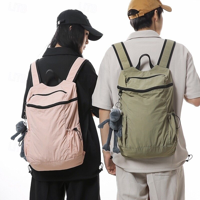 Unisex Lightweight Casual Backpack – Solid Color Nylon Daypack with Plush Toy Keychain for School, Travel, and Daily Use2