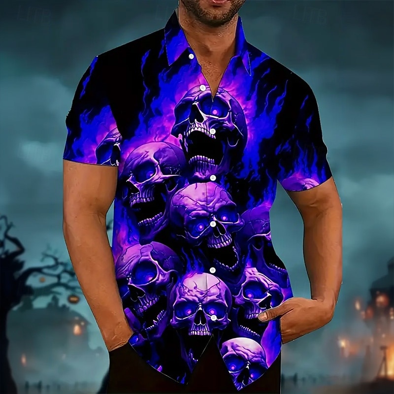 Halloween Men's Flame Halloween Costumes Skulls Shirt Summer Shirt Button Up Shirt Short Sleeve Dark Punk Gothic Style Holiday Streetwear Summer Spring Turndown 3D Print Collared Shirts Purple Orange
