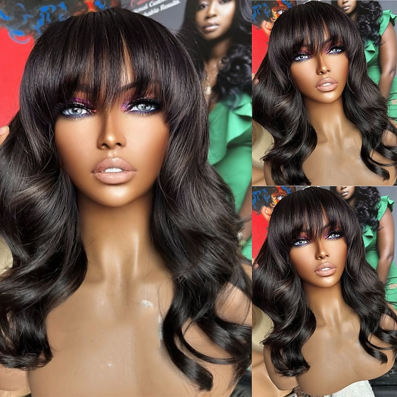 Remy Human Hair 5x5 Closure 13x4 Lace Front Wig With Bangs Brazilian Hair Wavy Black Wig 130% 150% Density with Baby Hair Natural Hairline 100% Virgin Glueless Pre-Plucked For Women Long Human Hair
