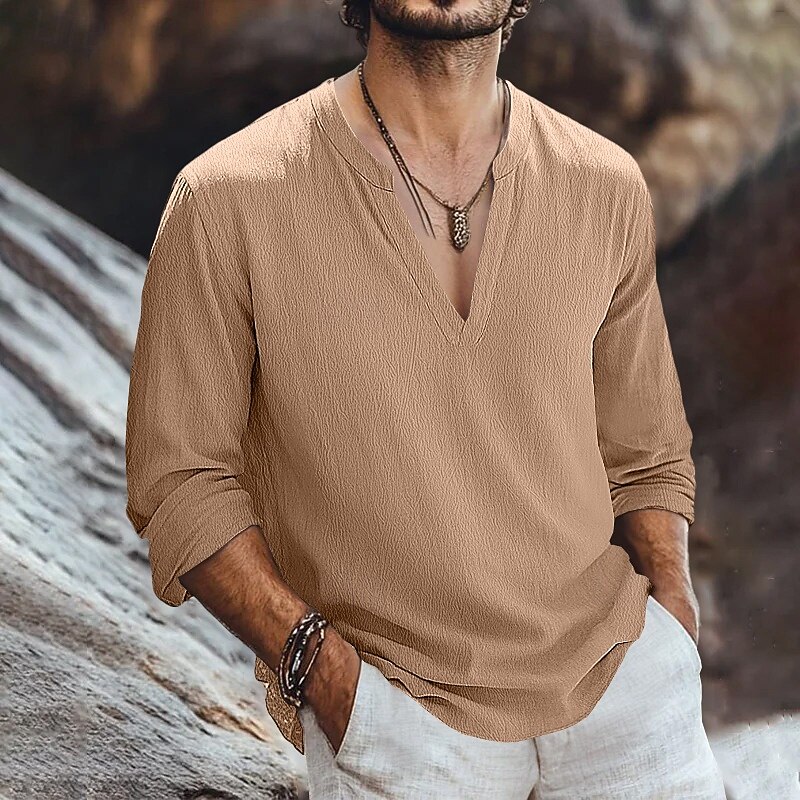 Men's Shirt Linen Shirt Viking Style Summer Shirt Beach Wear Solid Color Outdoor Vacation Green Beige Long Sleeve V Neck Summer Spring Clothing Apparel2