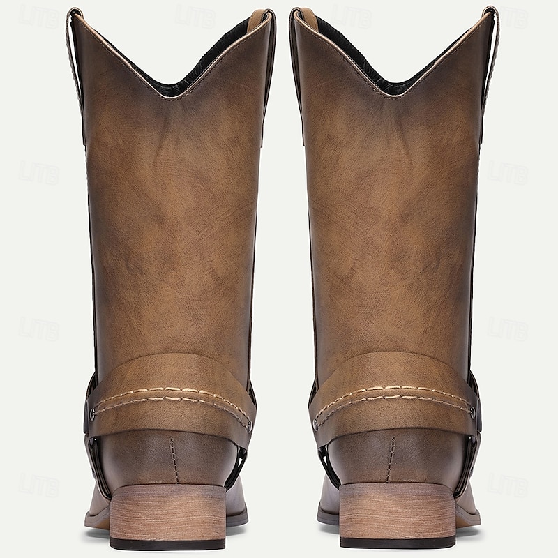 Men's Brown Faux Leather Western Cowboy Boots – Vintage Pull-on Riding Style for Farm Work, Country Music Festivals and Western-Themed Parties4