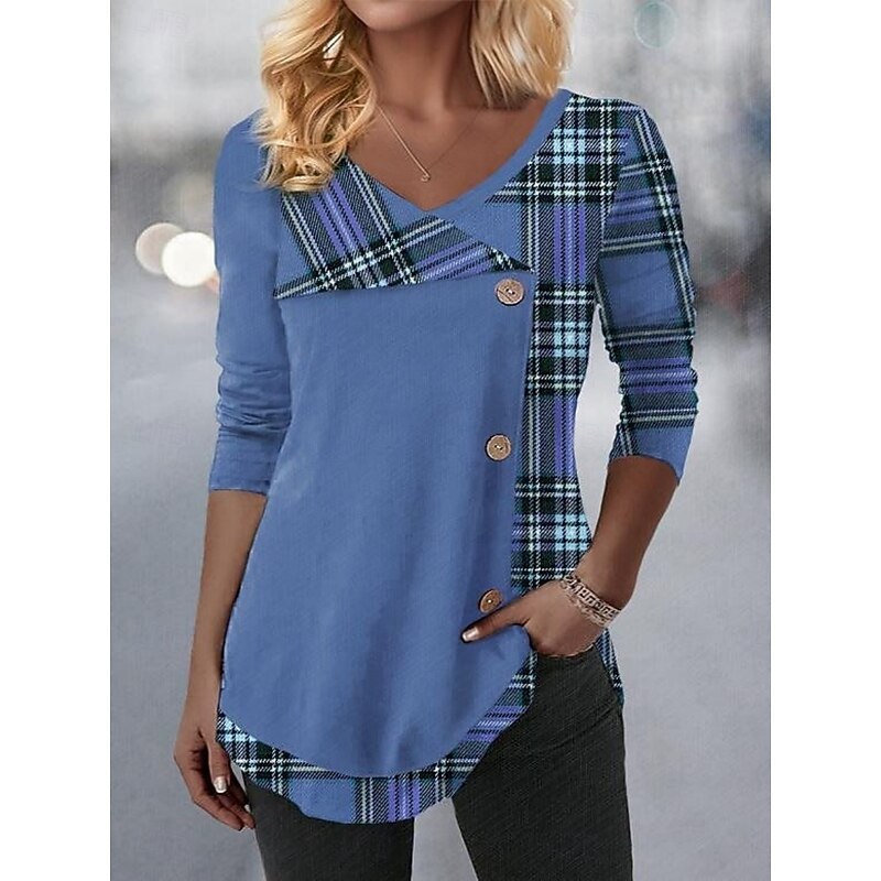 Women's Blouse Tunic V Neck Long Sleeve Buttons Plaid Stylish Casual Regular Tops Daily Print Pink Blue Purple Green Spring Fall Prefall3
